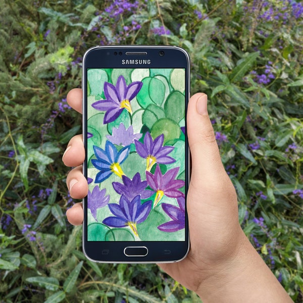 Fan flower phone wallpaper | Watercolour Australian Native Garden Plant | Botanical Digital Background in Pink and Purple