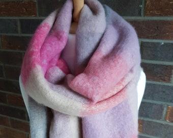 Plaid check winter fluffy thick blanket scarf wrap - Shades of pink, lilac and grey