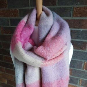 Plaid check winter fluffy thick blanket scarf wrap - Shades of pink, lilac and grey