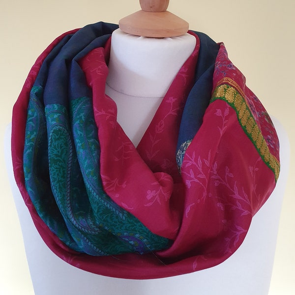 Sari silk double sided infinity scarf. Dark pink, turquoise, green, navy, purple and jade.
