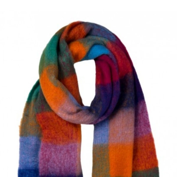 Plaid check winter fluffy thick blanket scarf wrap - Vibrant colours, red, orange, turquoise.