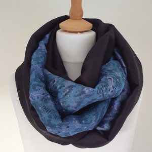 Sari silk double sided infinity scarf. Navy, blue and lilac.