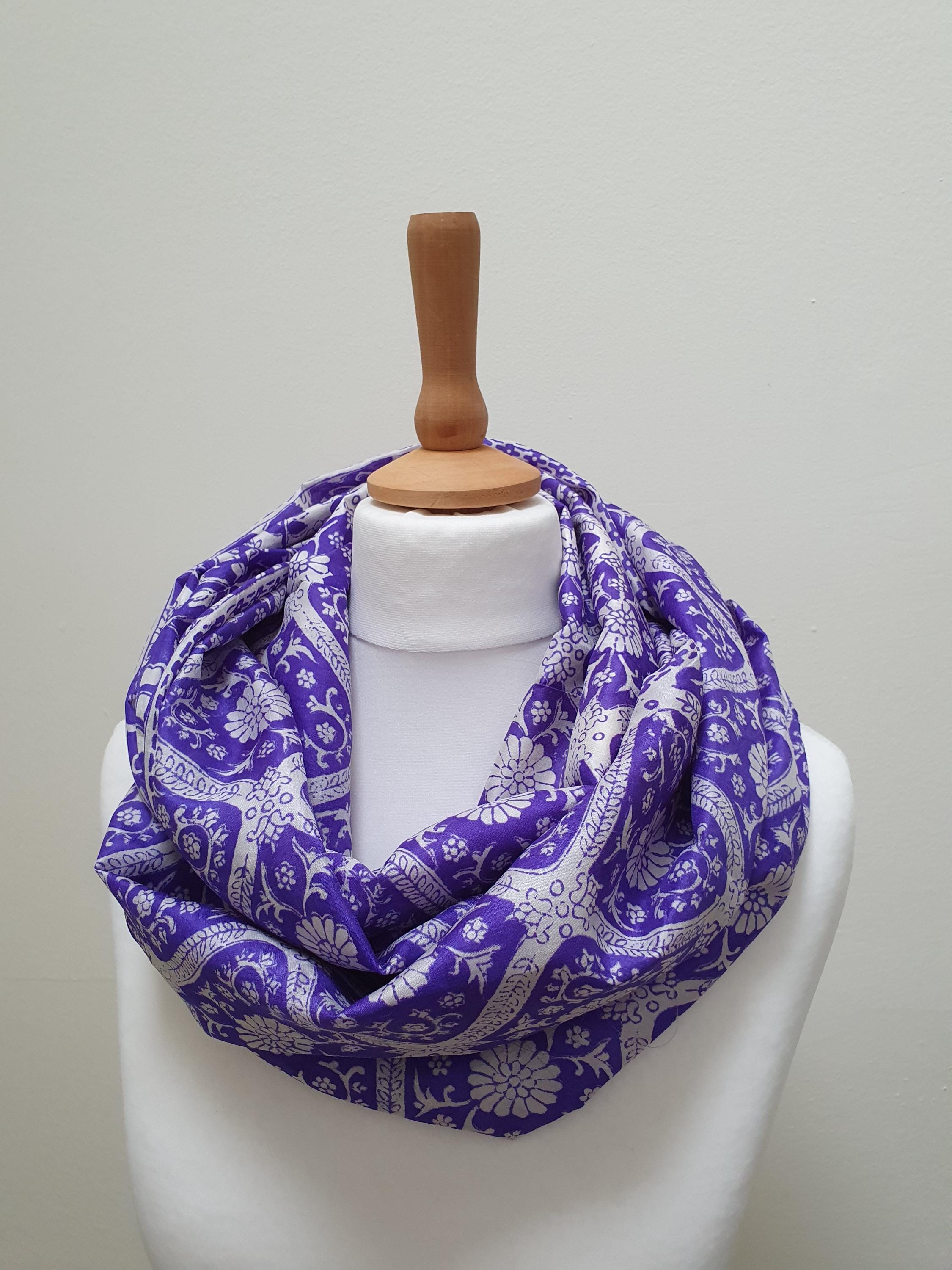 Sari Silk Double Sided Infinity Scarf. Blue-purple With
