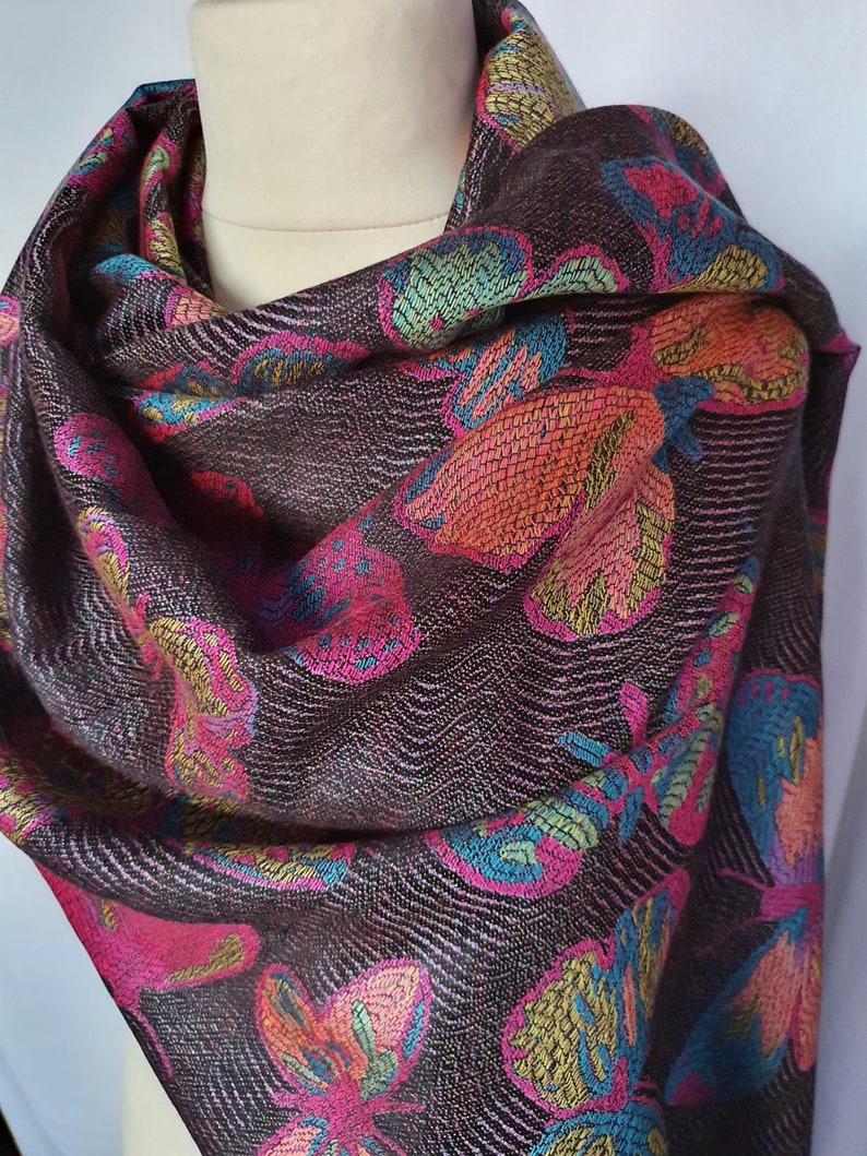 Butterfly Pashmina Black and warm pink with turquoise, orange and dark pink. Double sided stole, wrap. image 3