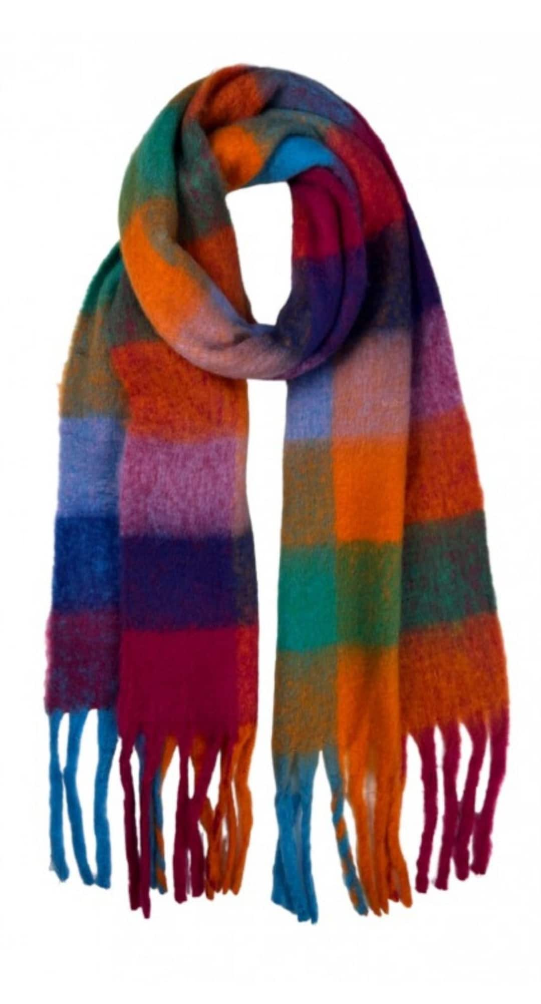 Plaid Check Winter Fluffy Thick Blanket Scarf Wrap Vibrant Colours, Red