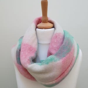 Plaid check winter fluffy thick blanket scarf wrap - Pink, green and soft white.