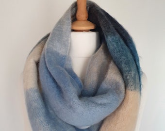 Plaid check winter fluffy thick blanket scarf wrap - Shades of blue, turquoise and soft white.