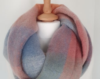 Plaid check winter fluffy thick blanket scarf wrap - Pastel shades of pink, blue, pale orange and pale green