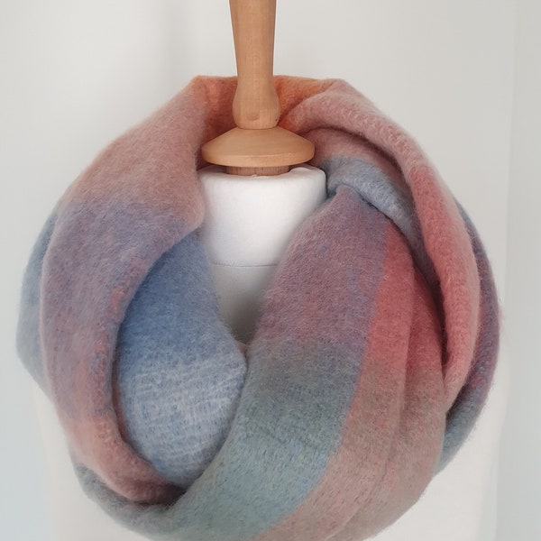 Plaid check winter fluffy thick blanket scarf wrap - Pastel shades of pink, blue, pale orange and pale green