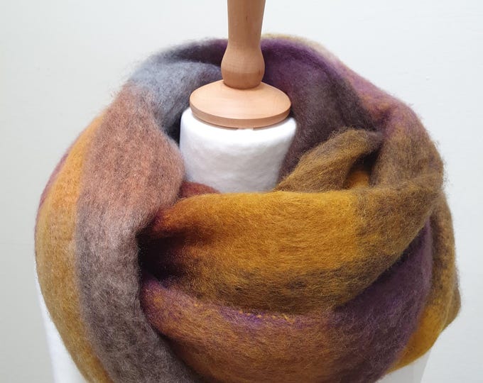Plaid check winter fluffy thick blanket scarf wrap - Shades of purple, mustard and brown.