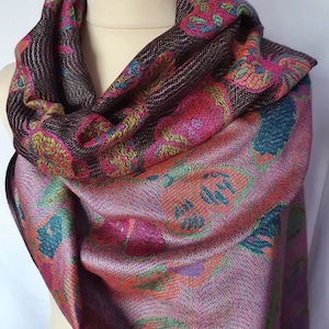 Butterfly Pashmina Black and warm pink with turquoise, orange and dark pink. Double sided stole, wrap. image 1