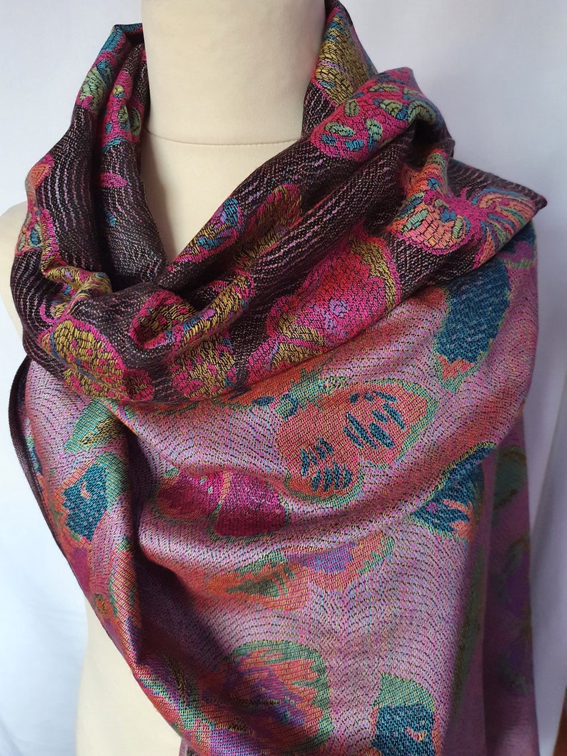 Butterfly Pashmina Black and warm pink with turquoise, orange and dark pink. Double sided stole, wrap. image 1