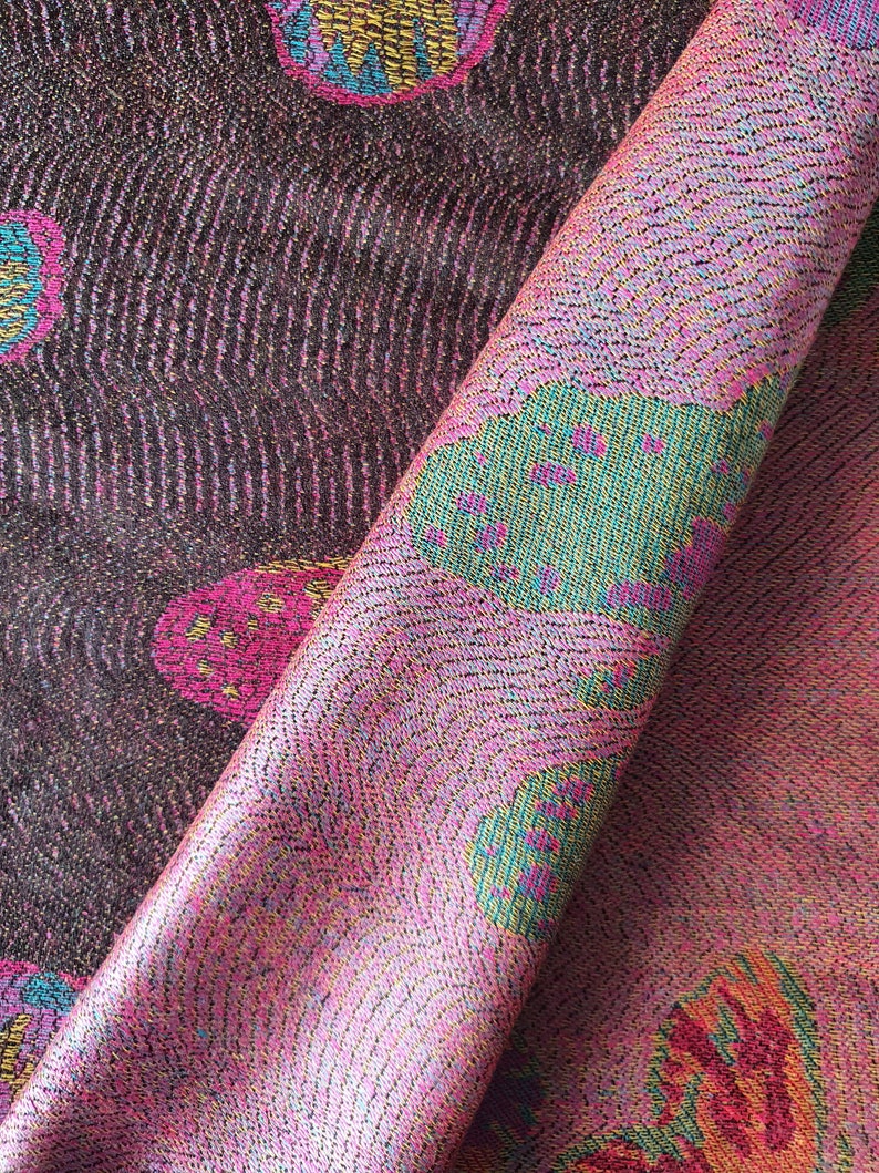 Butterfly Pashmina Black and warm pink with turquoise, orange and dark pink. Double sided stole, wrap. image 4