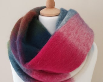 Plaid check winter fluffy thick blanket scarf wrap - Shades of cerise, teal, sky blue, cream and emerald green