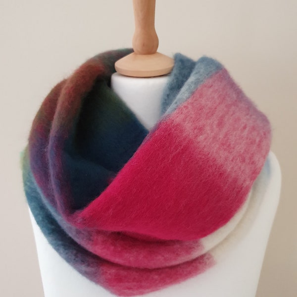 Plaid check winter fluffy thick blanket scarf wrap - Shades of cerise, teal, sky blue, cream and emerald green