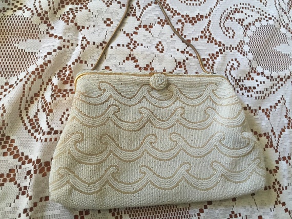 Beaded Handbag France Vintage White Wave Design