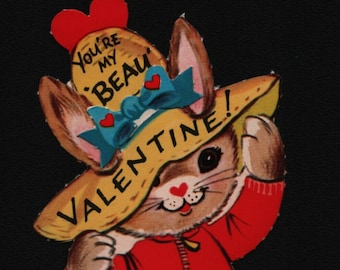 Vintage Valentines Day Card Rabbit In Hat