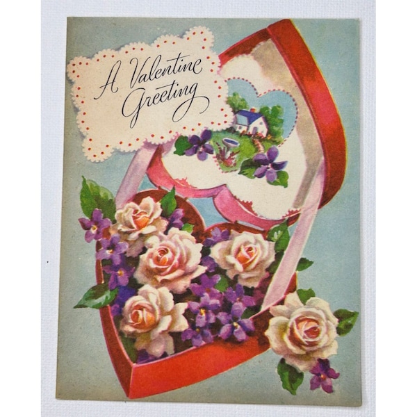 Vintage Valentines Day Card Heart Shaped Box With Flowers