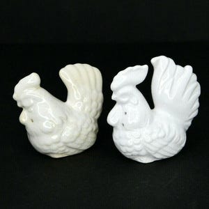 Vintage White Rooster and Hen Figural Salt And Pepper Shakers