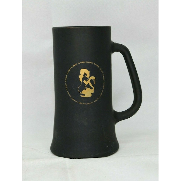 Vintage 1970's Matte Black Glass Playboy Stein With Gold Bunny On Both Sides