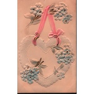 Vintage Valentine Postcard Embossed Heart With Ribbon