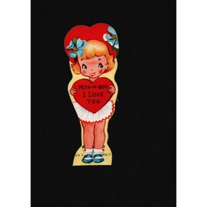 Vintage Valentines Day Card Girl Holding Heart Peek-A-Boo