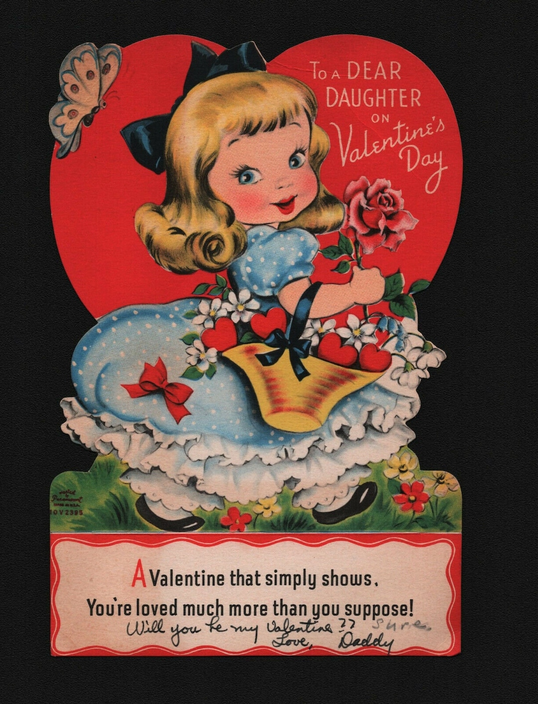 Vintage Valentines Day Daughter Card Girl in Blue Dress With Basket of ...