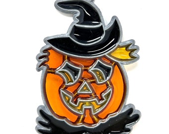 Vintage Halloween Pumpkin With Witches Hat Suncatcher JOL Jack O Lantern