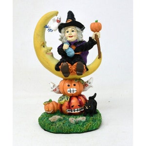Halloween Witch Sitting On Cresent Moon Figurine Black Cat JOL Ghost Pumpkins