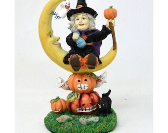 Halloween Witch Sitting On Cresent Moon Figurine Black Cat JOL Ghost Pumpkins