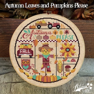 Autumn Leaves Physical Leaflet, Fall cross stitch sampler, Autumn X stitch pattern, Autumn cross stitch, Autumn Lane Stitchery