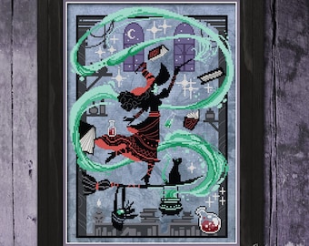 Potions and spells Witch Leaflet, Halloween Witch Cross Stitch Pattern, Halloween Xstitch, Whimsical, Spooky, Autumn Lane Stitchery