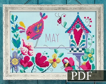 May Flowers PDF, Spring Folk art Cross Stitch Pattern, Flowers Xstitch Pattern, Instant download PDF