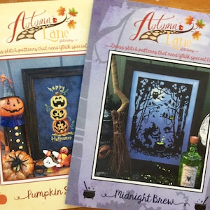 Autumn Lane Stitchery Halloween Bundle: Midnight Brew AND Pumpkin Stack Cross Stitch Pattern Leaflets