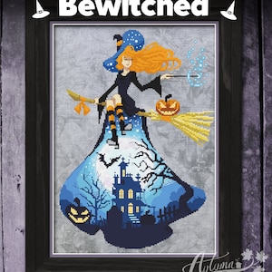 Wzór haftu krzyżykowego czarownicy, wzór haftu krzyżykowego Halloween, Halloween Xstitch, Bewitched Physical Leaflet, Autumn Lane Stitchery