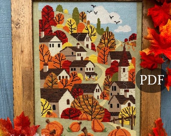 Autumn Towne Cross Stitch Pattern, Fall X Stitch chart, Pumpkins, Fall harvest Landscape Counted Cross stitch PDF, Autumn Lane Stitchery