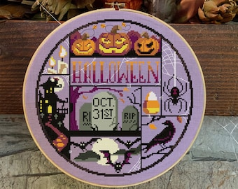Halloween Cross stitch Sampler,  Spooky Cross stitch pattern, Physical leaflet