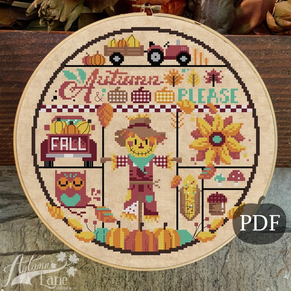 Fall cross stitch sampler, Autumn X stitch pattern, Autumn cross stitch, Autumn Leaves PDF, Autumn Lane Stitchery