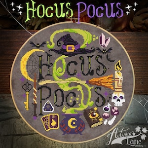 Wzór do haftu krzyżykowego Hocus Pocus - Wzór do haftu krzyżykowego Halloween Witch, Straszny, Fizyczny ulotka Autumn Lane Stitchery
