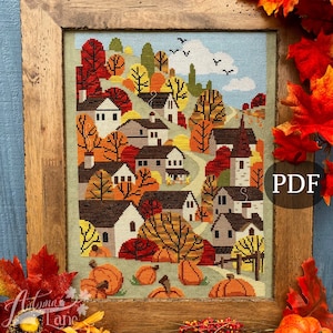 Autumn Towne Cross Stitch Pattern, Fall X Stitch chart, Pumpkins, Fall harvest Landscape Counted Cross stitch PDF, Autumn Lane Stitchery image 1