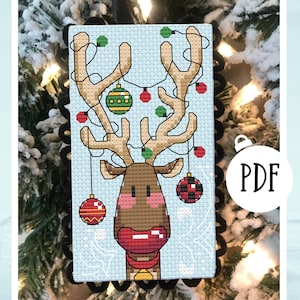 Rudolph the red nosed Reindeer Christmas cross stitch, Rudolph ornament cross stitch, Christmas X stitch pattern, PDF, Autumn Lane Stitchery