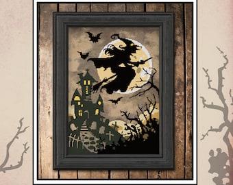 Halloween Cross Stitch Pattern,  Witch Cross stitch Pattern, Hallows' Eve Haunting  PDF, Exclusive Autumn Lane Stitchery (digital download)