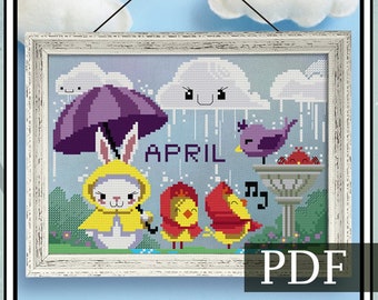 April Showers PDF, Cross Stitch Pattern, Spring Xstitch Pattern, Instant download PDF