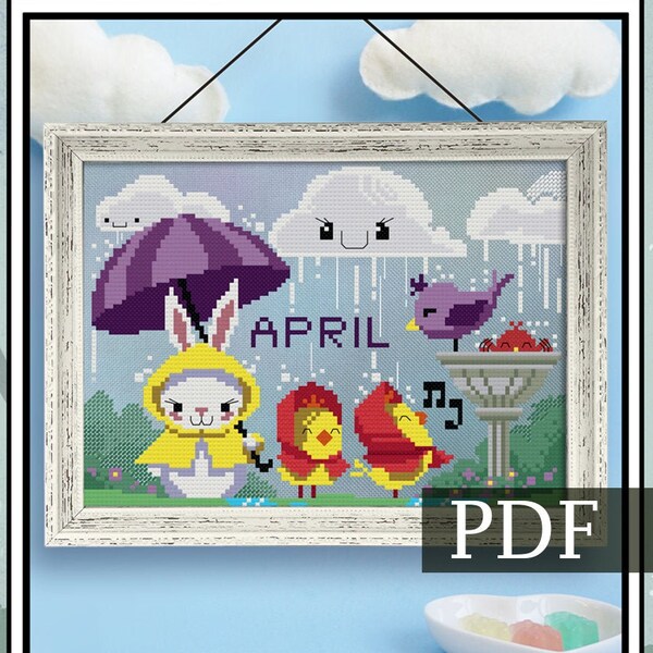 April Showers PDF, Cross Stitch Pattern, Spring Xstitch Pattern, Instant download PDF