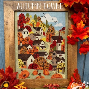 Wzór do haftu krzyżykowego Autumn Towne, schemat ściegu Fall X, dynie, krajobraz miasta Fall, ulotka do haftu krzyżykowego, Autumn Lane Stitchery