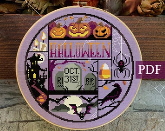 Halloween Cross stitch Sampler,  Spooky Cross stitch pattern, PDF chart Instant download