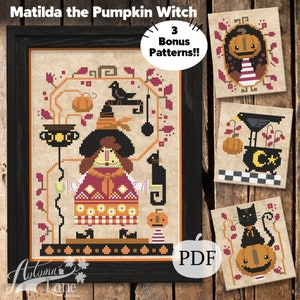 Matilda the Pumpkin Witch Cross Stitch Pattern, Pumpkins cross stitch, Autumn cross stitch, PDF Pattern, Autumn Lane Stitchery