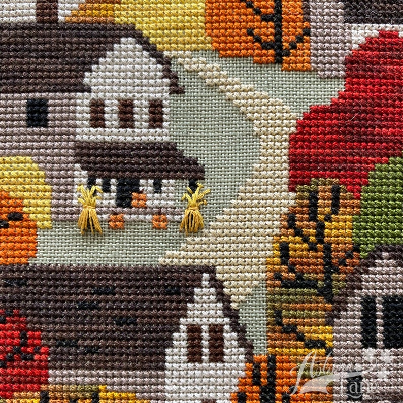 Autumn Towne Cross Stitch Pattern, Fall X Stitch chart, Pumpkins, Fall harvest Landscape Counted Cross stitch PDF, Autumn Lane Stitchery image 5