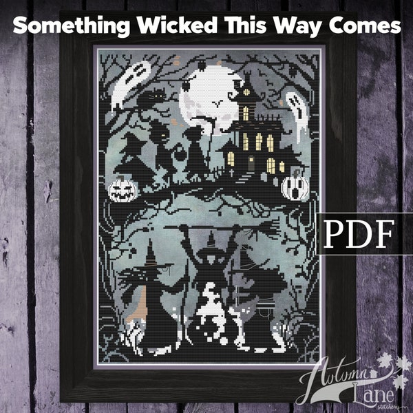 Etwas böses kommt diese Art Kreuzstichmuster, Halloween Hexe Kreuzstich, Spooky, PDF Muster, Autumn Lane Stitchery