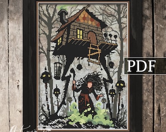Baba Yaga Cross Stitch Pattern, Gothic Witch Cross Stitch, Slavic Folklore, PDF Pattern, Autumn Lane Stitchery